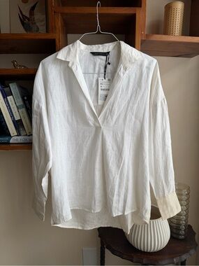 NWT Zara 100% Linen V-Neck Collared Blouse (Ivory | XS)